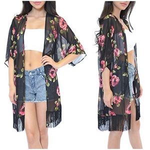 Tobi Sheer Black Rose Floral Boho Fringe 3/4 Sleeve Kimono Cardigan
